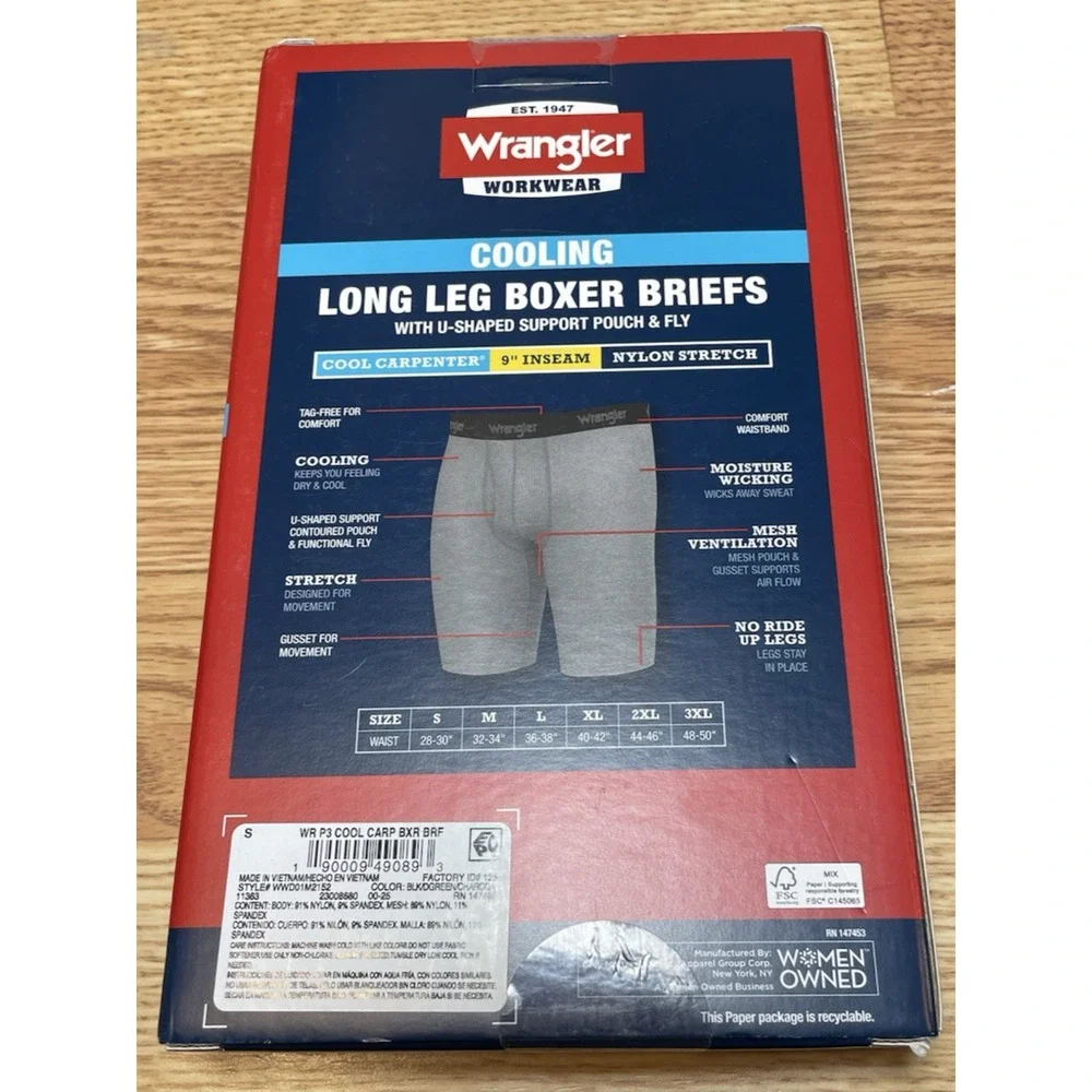 Wrangler Workwear Men’s Cooling Long Leg Boxer Briefs 3 Pack Small 9” Inseam